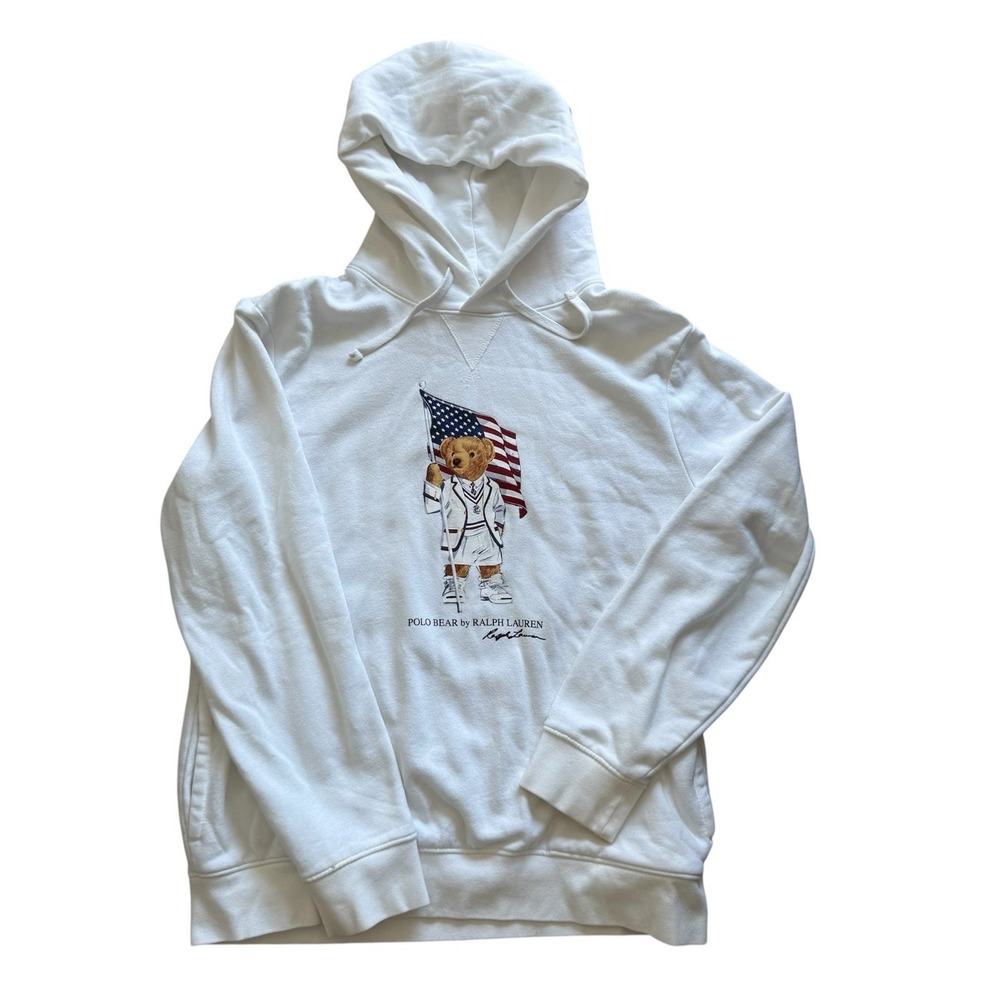 Polo Ralph Lauren White Hoodie Sweatshirt With Bear Sz L Preppy Americana Flag